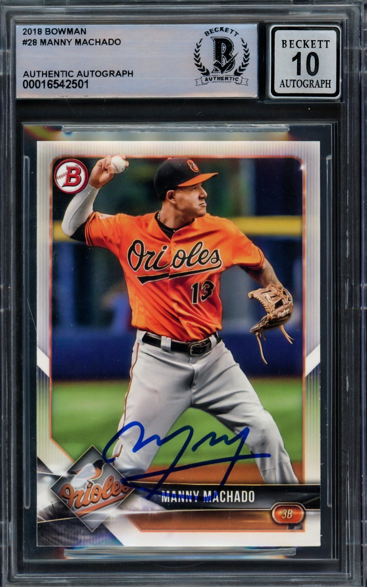 Manny Machado Autographed 2018 Bowman Card #28 Baltimore Orioles Auto Grade Gem Mint 10 Beckett Bas