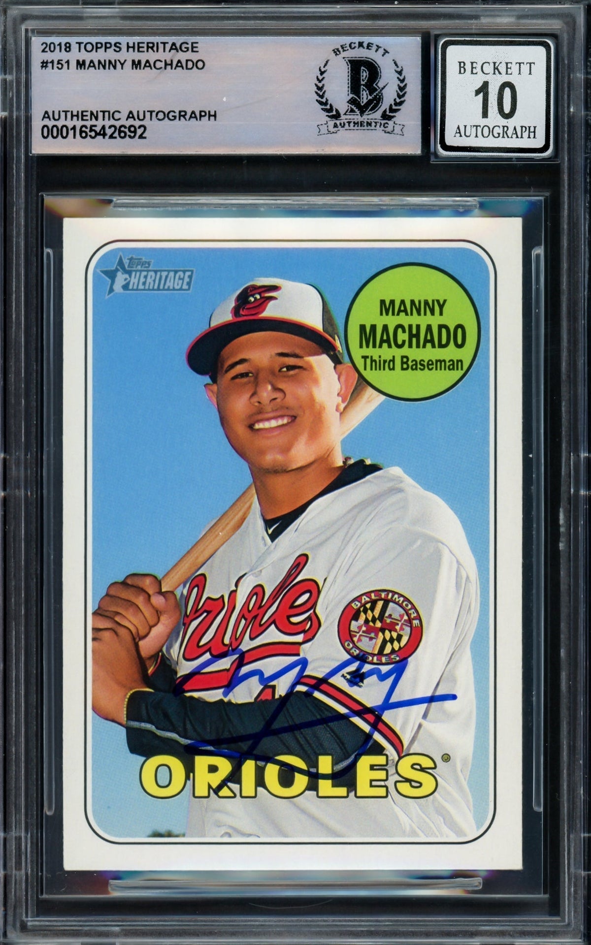 Manny Machado Autographed 2018 Topps Heritage Card #151 Baltimore Orioles Auto Grade Gem Mint 10 Beckett Bas