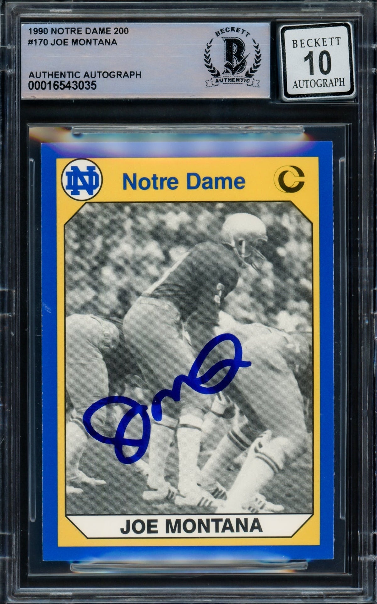 Joe Montana Autographed 1990 Collegiate Collection Card #170 Notre Dame Auto Grade Gem Mint 10 Beckett Bas