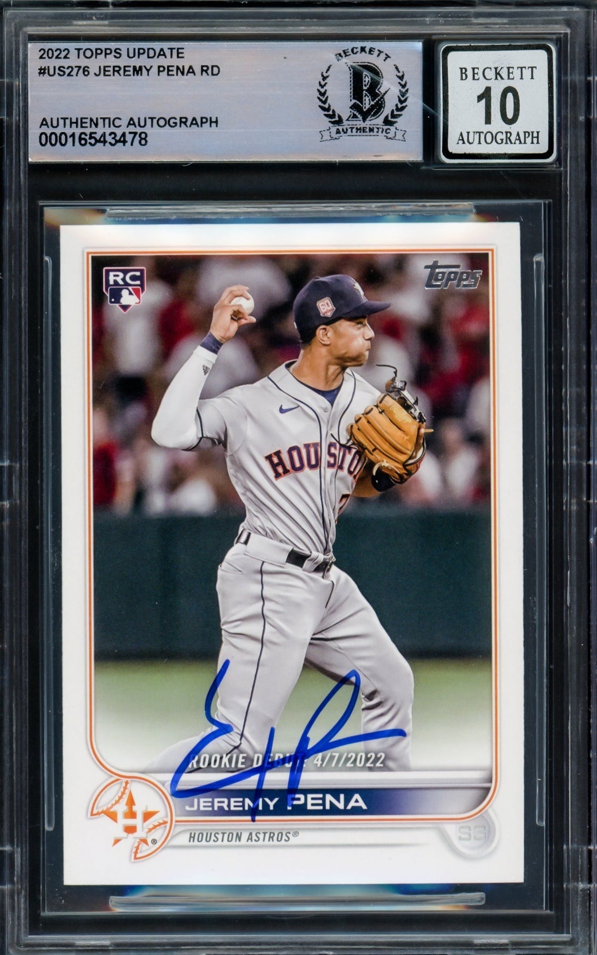 Jeremy Pena Autographed 2022 Topps Update Rookie Card #Us276 Houston Astros Auto Grade Gem Mint 10 Beckett Bas