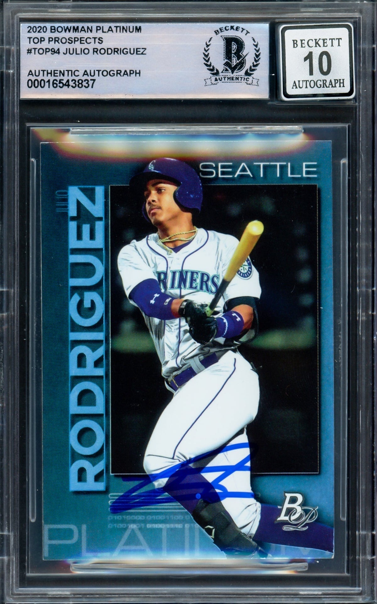 Julio Rodriguez Autographed 2020 Bowman Platinum Top Prospects Rookie Card #Top94 Seattle Mariners Auto Grade Gem Mint 10 Beckett Bas
