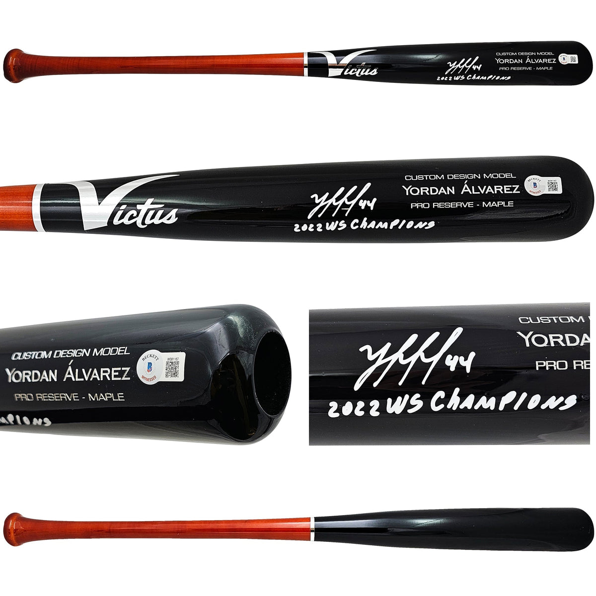 Yordan Alvarez Autographed Black & Orange Victus Player Model Bat Houston Astros "2022 Ws Champions" Beckett Bas Witness Stock #215390
