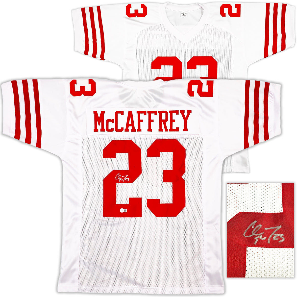 San Francisco 49Ers Christian Mccaffrey Autographed White Jersey Beckett Bas Qr
