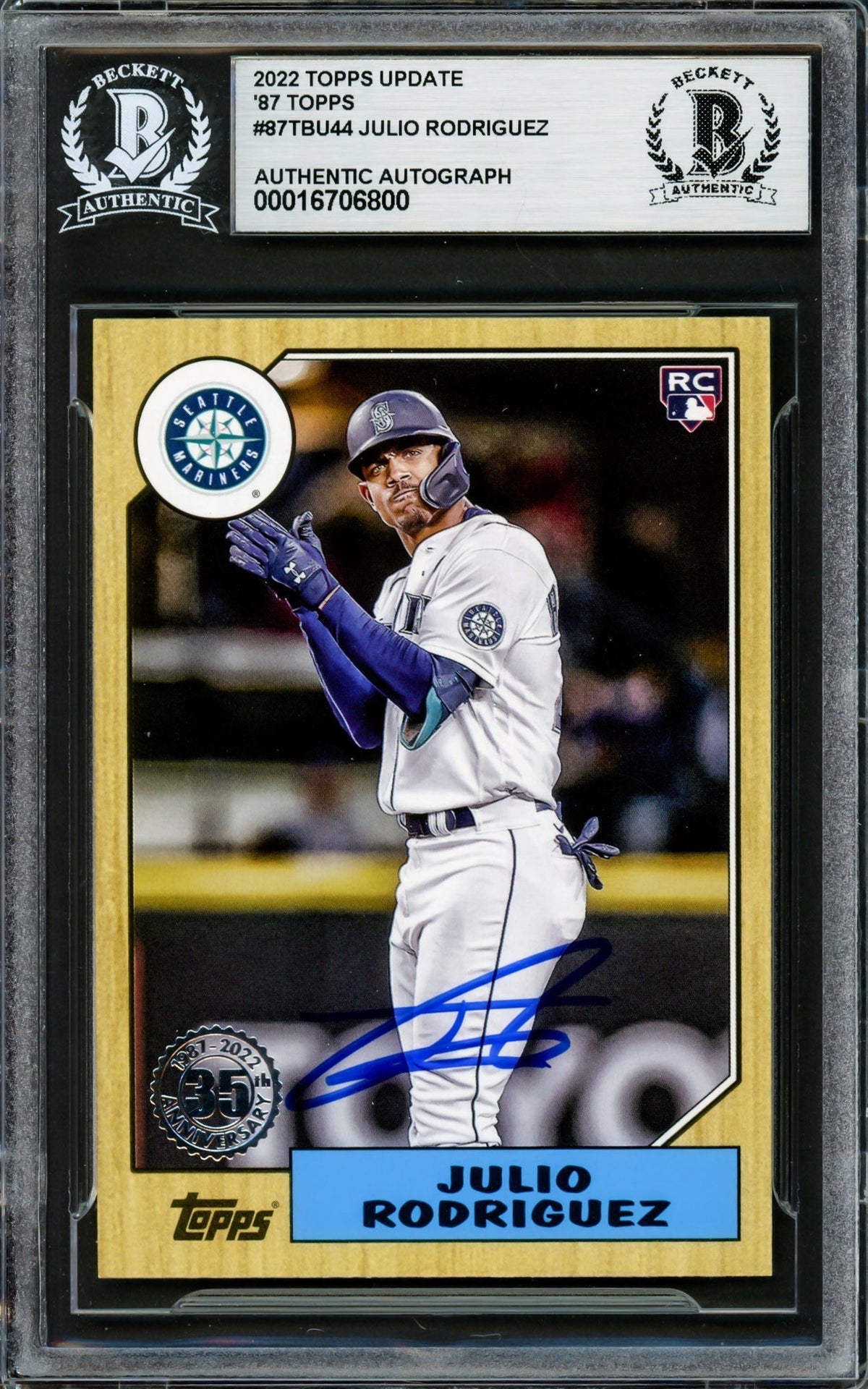 Julio Rodriguez Autographed 2022 Topps 35Th Anniversary Update Rookie Card #87Tbu-44 Seattle Mariners Beckett Bas