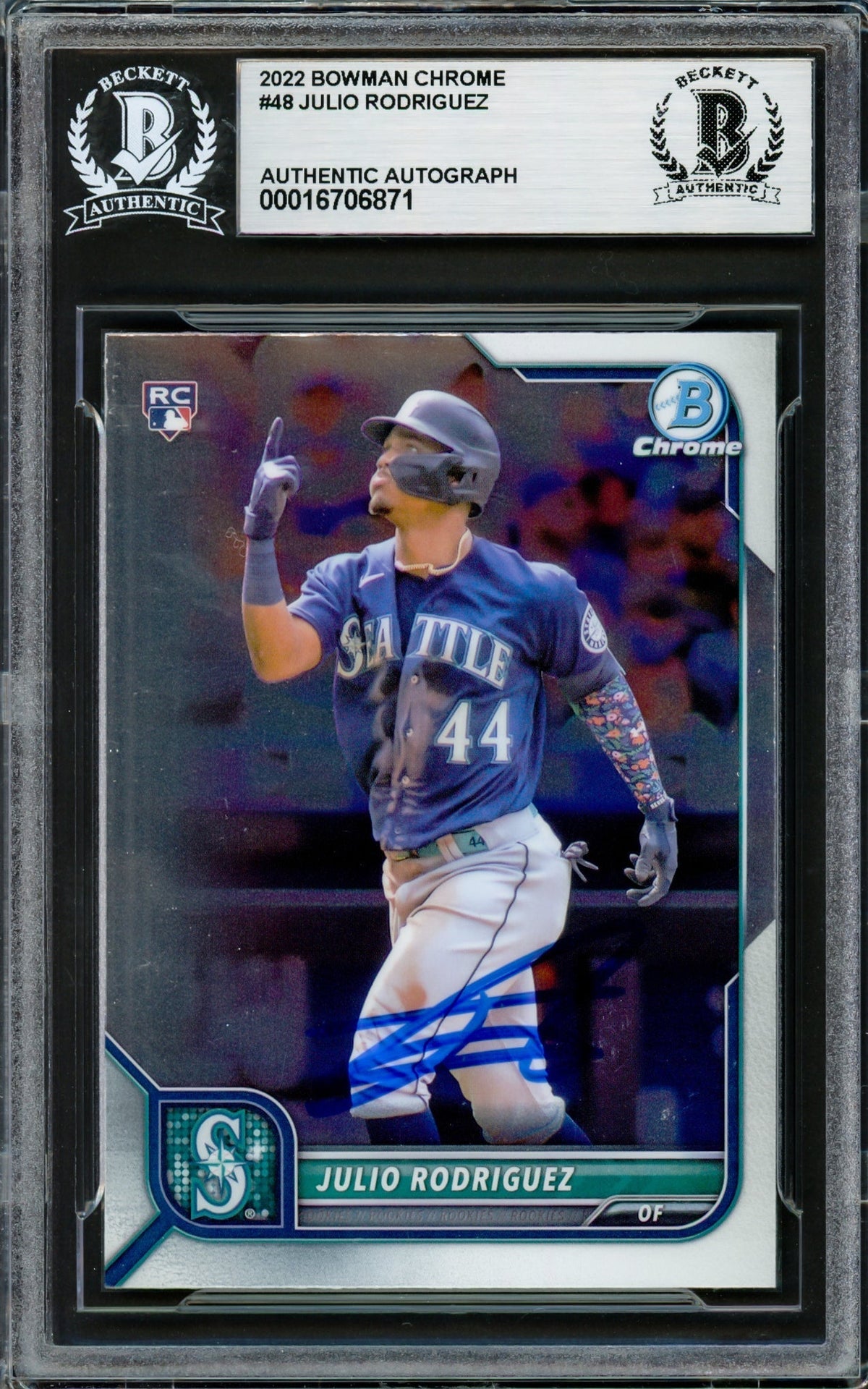 Julio Rodriguez Autographed 2022 Bowman Chrome Rookie Card #48 Seattle Mariners Beckett Bas
