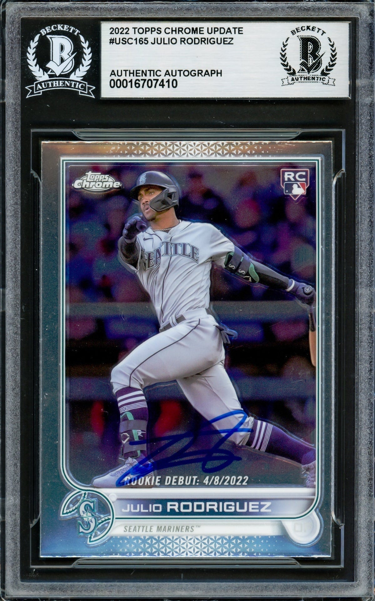 Julio Rodriguez Autographed 2022 Topps Chrome Update Rookie Card #Usc165 Seattle Mariners Beckett Bas