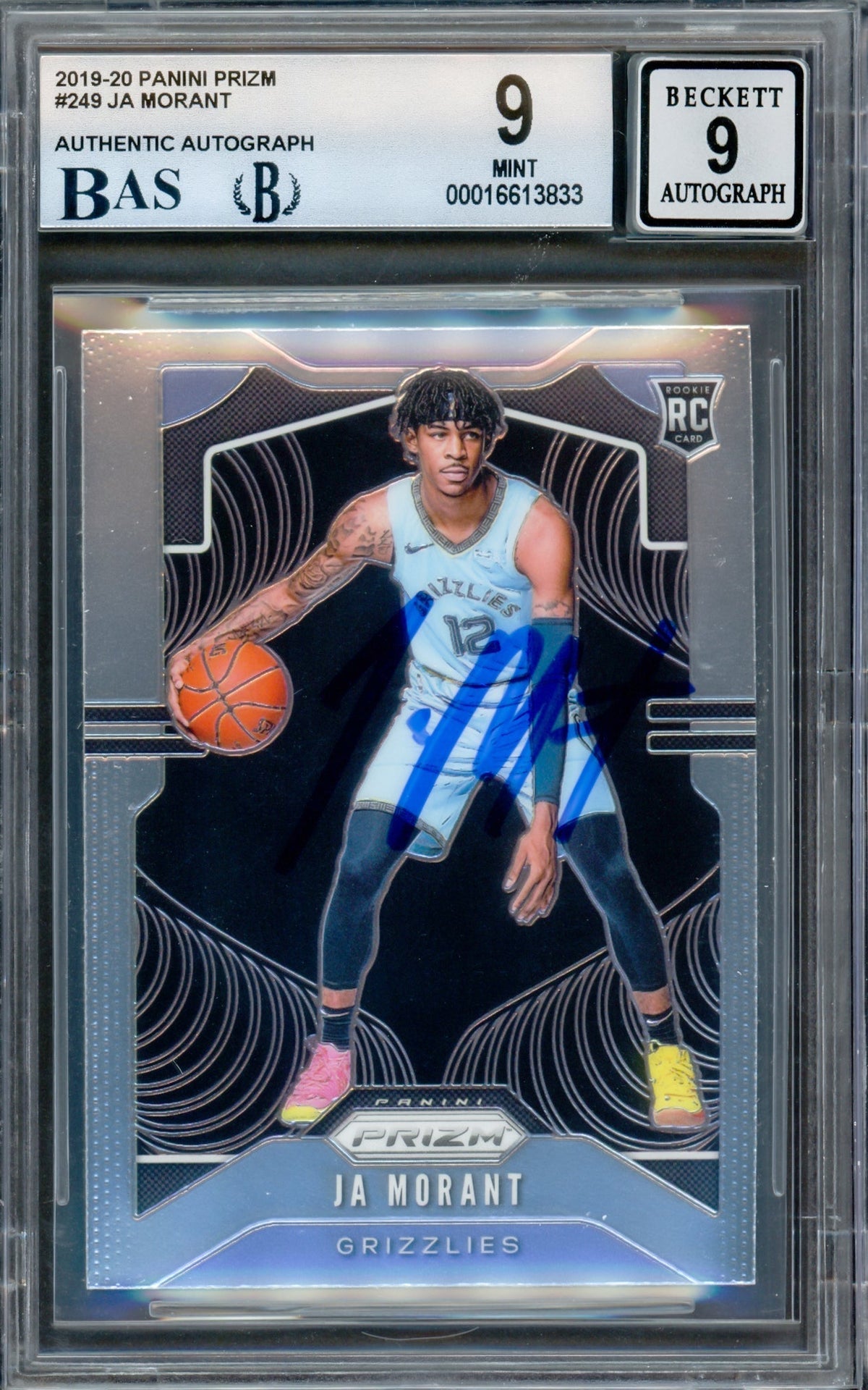 Ja Morant Autographed 2019-20 Panini Prizm Rookie Card #249 Memphis Grizzlies BGS 9 Auto Grade Mint 9 Beckett Bas