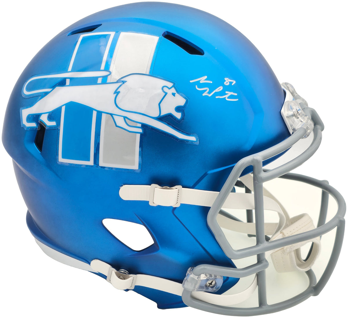 Sam Laporta Autographed Detroit Lions Flat Matte Blue 2023 Alternate Full Size Replica Speed Helmet Beckett Bas Witness