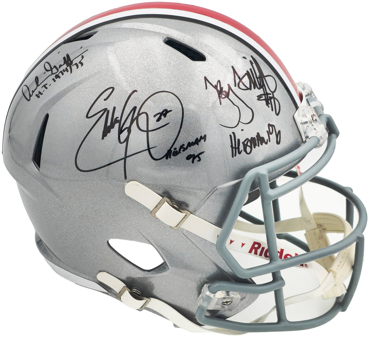 Archie Griffin, Eddie George & Troy Smith Autographed Ohio State Buckeyes Silver Full Size Replica Speed Helmet "Heisman" Beckett Bas Witness