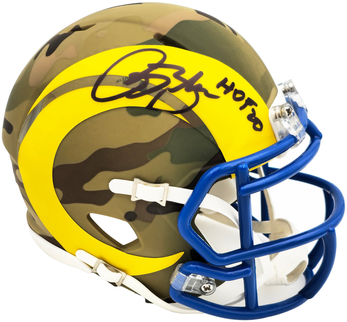 Isaac Bruce Autographed St. Louis Rams Camo Speed Mini Helmet "Hof 20" Beckett Bas Witness