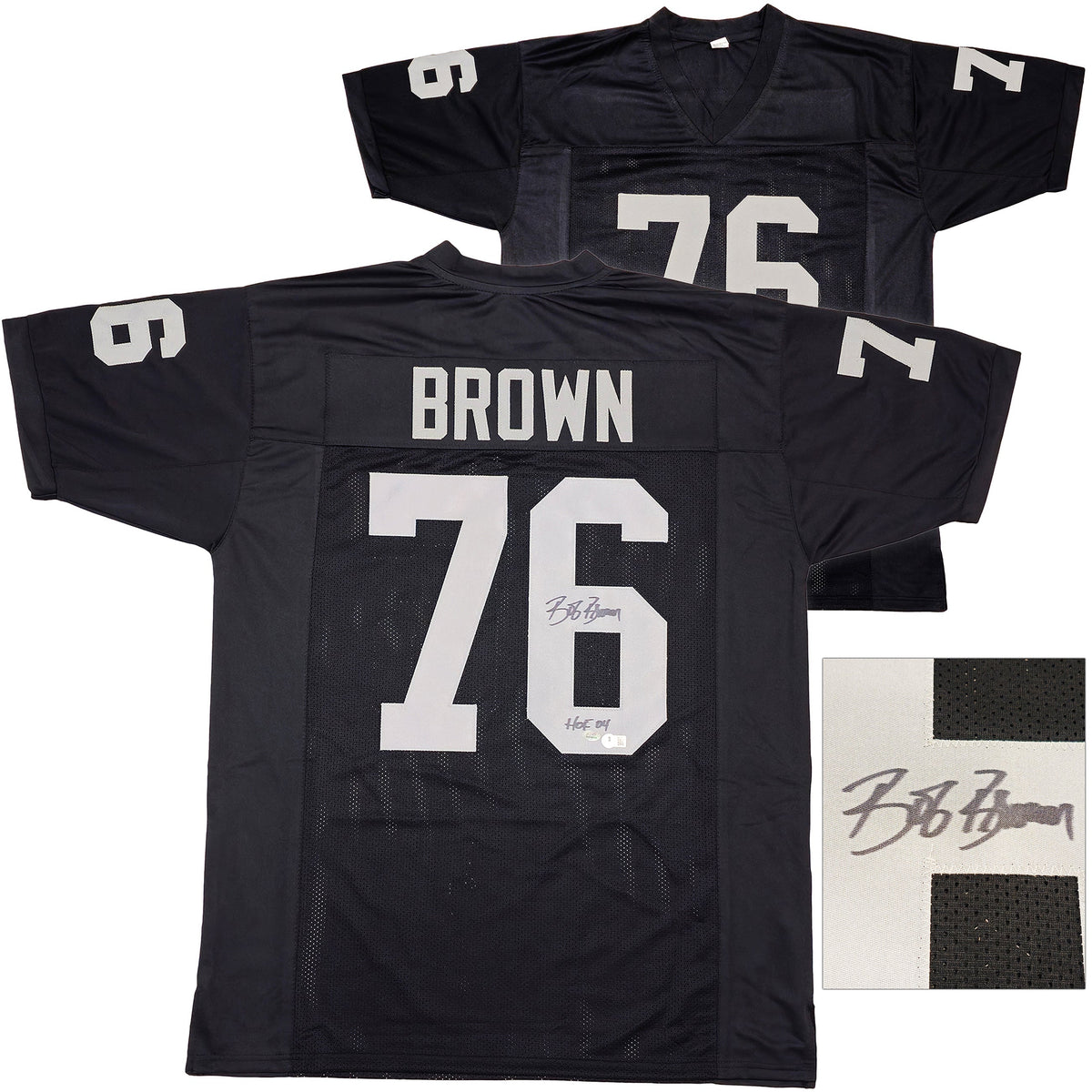 Oakland Raiders Bob Brown Autographed Black Jersey "Hof 04" Beckett Bas Qr