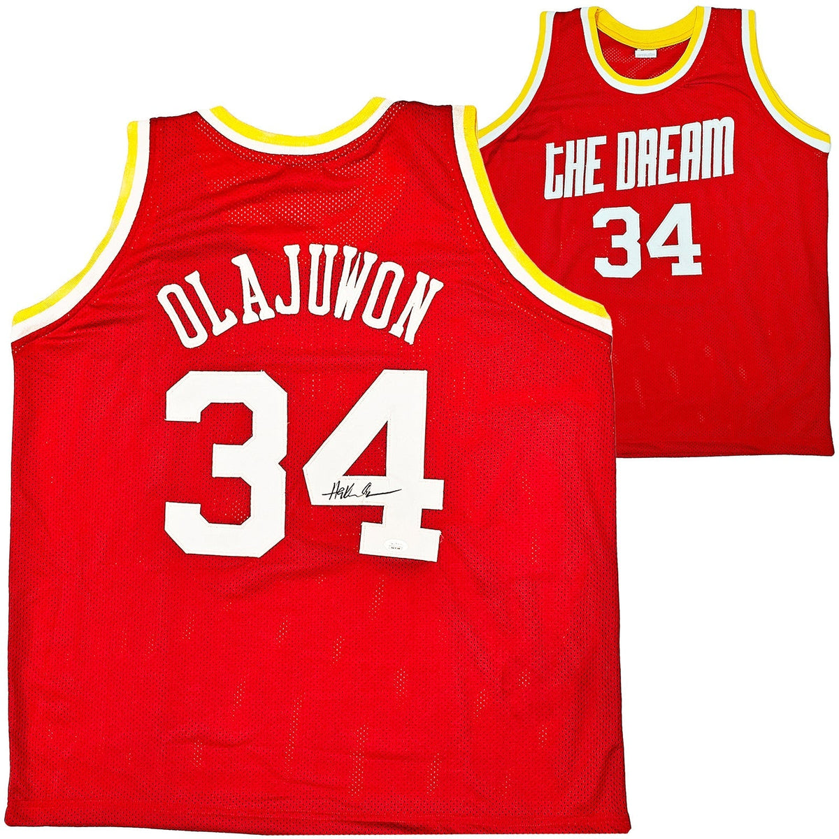 Houston Rockets Hakeem Olajuwon Autographed Red Jersey The Dream Jsa Stock #215698