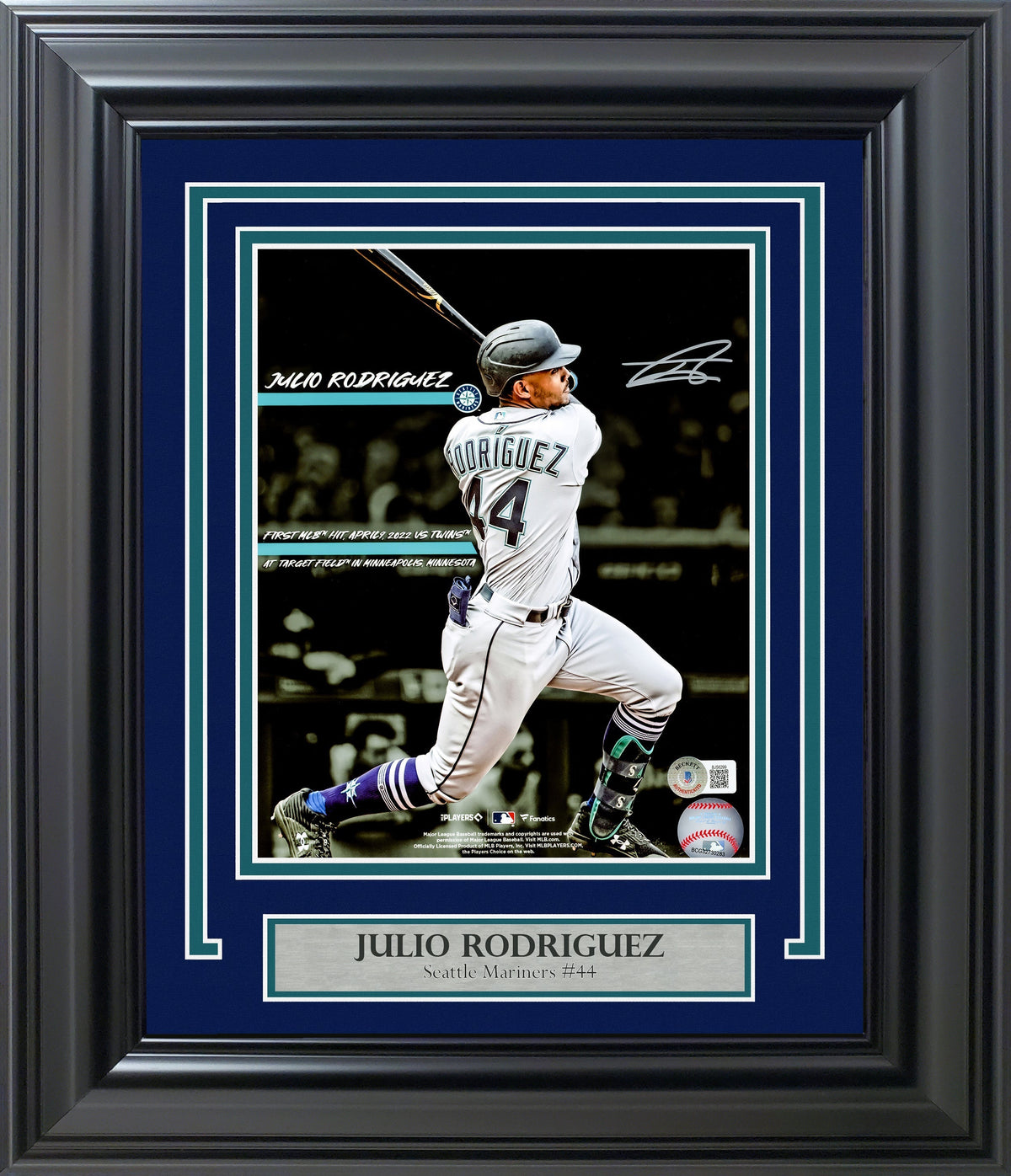 Julio Rodriguez Autographed Framed 8X10 Photo Seattle Mariners 1St Career MLB Hit Beckett Bas Qr