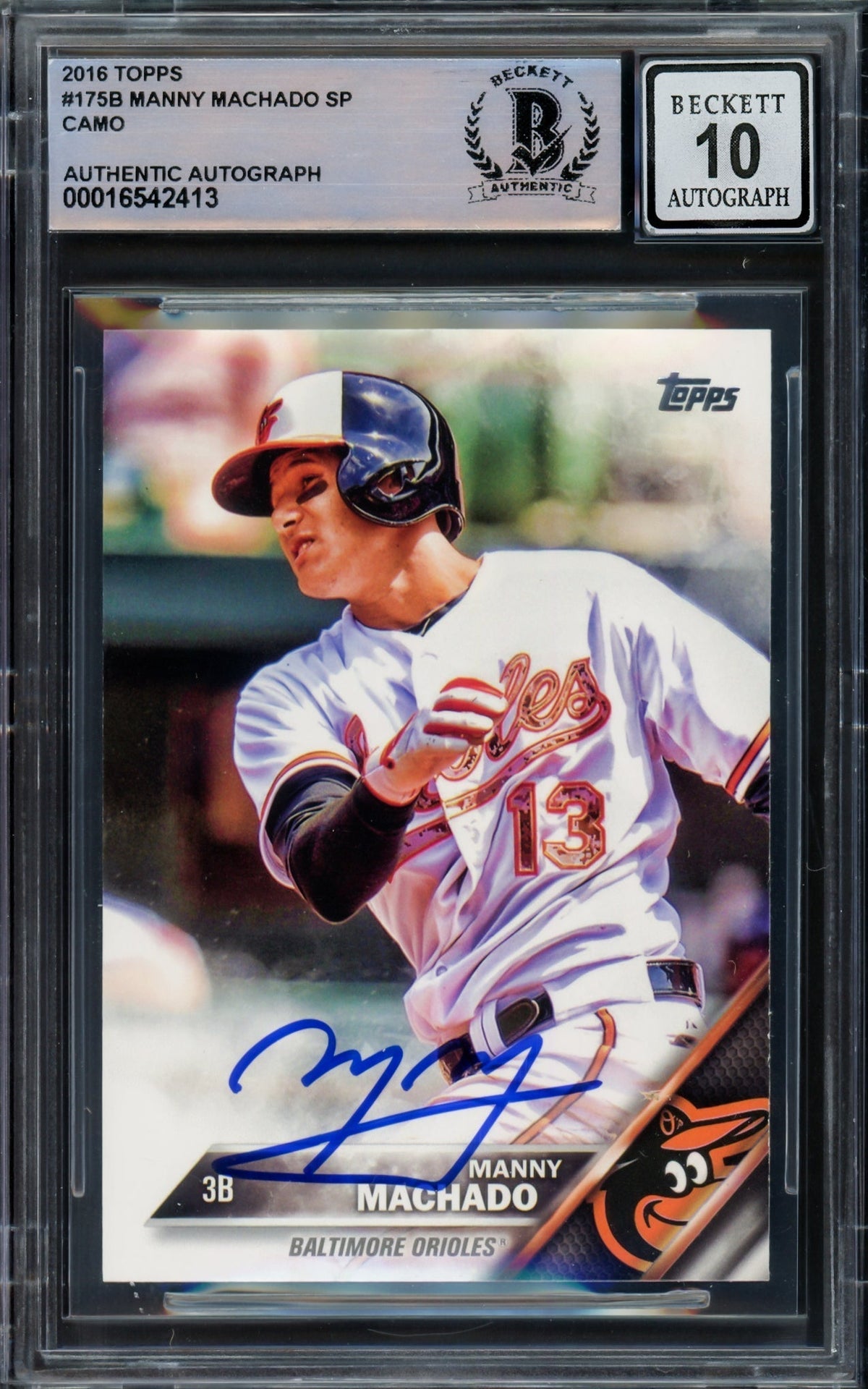 Manny Machado Autographed 2016 Topps Camo Card #175 Baltimore Orioles Auto Grade Gem Mint 10 Beckett Bas #16542413
