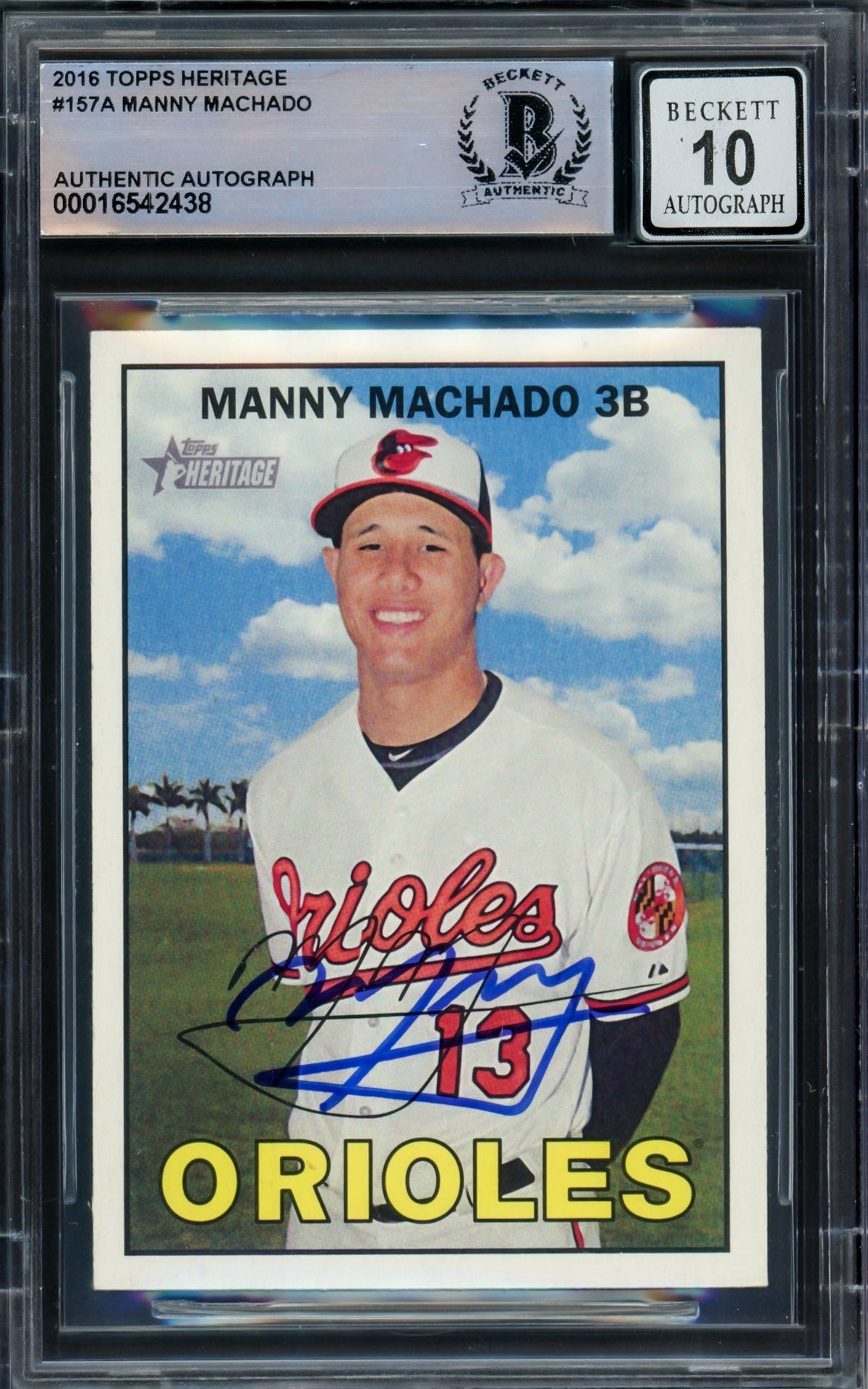 Manny Machado Autographed 2016 Topps Heritage Card #157 Baltimore Orioles Auto Grade Gem Mint 10 Beckett Bas #16542438