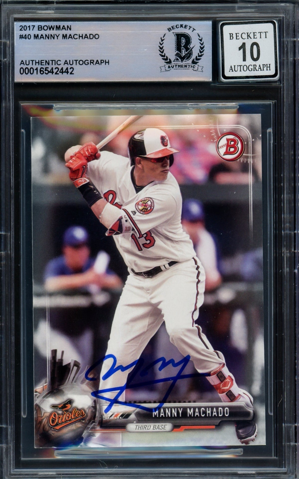 Manny Machado Autographed 2017 Bowman Card #40 Baltimore Orioles Auto Grade Gem Mint 10 Beckett Bas #16542442