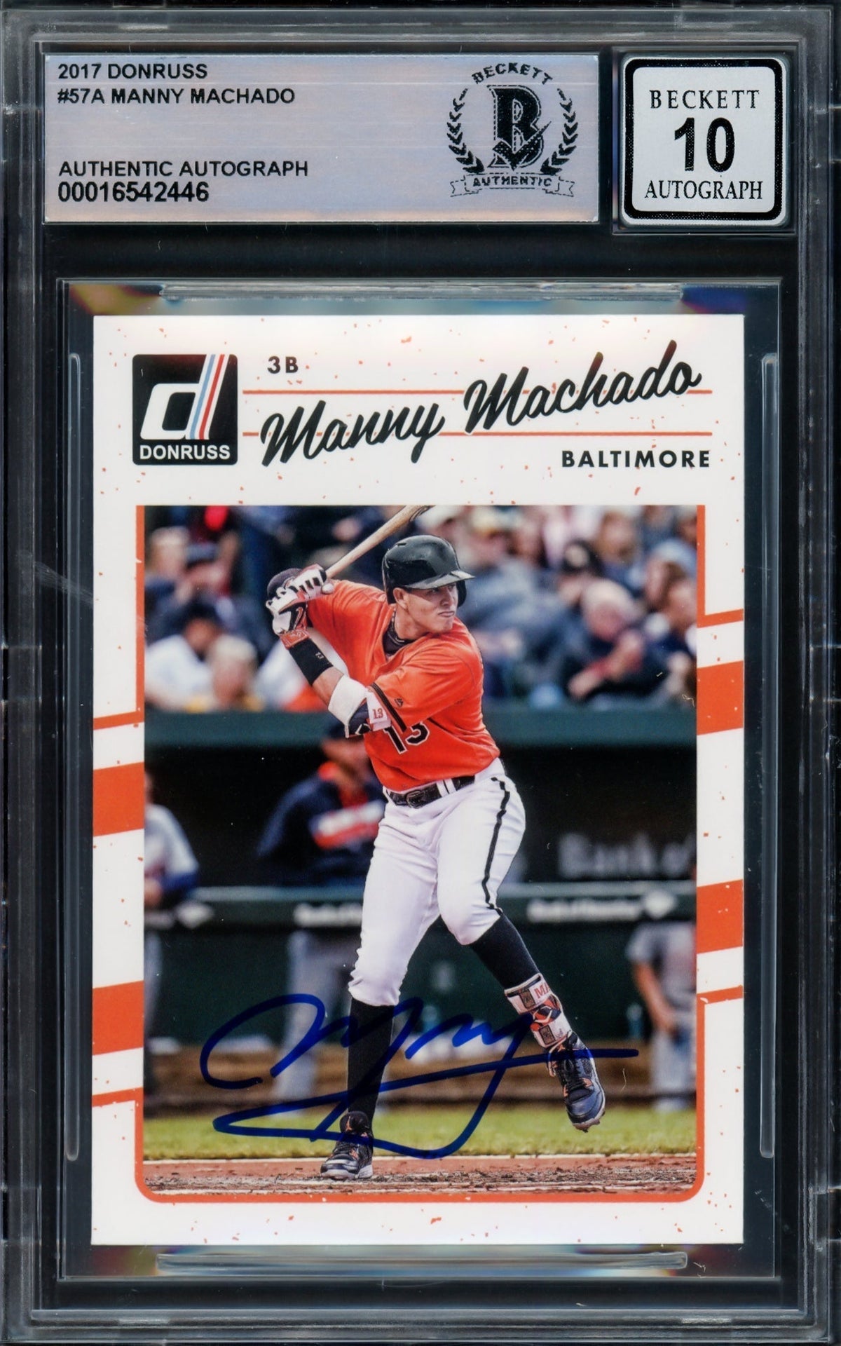Manny Machado Autographed 2017 Donruss Card #57 Baltimore Orioles Auto Grade Gem Mint 10 Beckett Bas #16542446