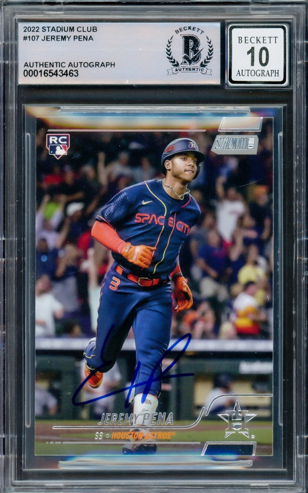 Jeremy Pena Autographed 2022 Stadium Club Rookie Card #107 Houston Astros Auto Grade Gem Mint 10 Blue Beckett Bas #16543463
