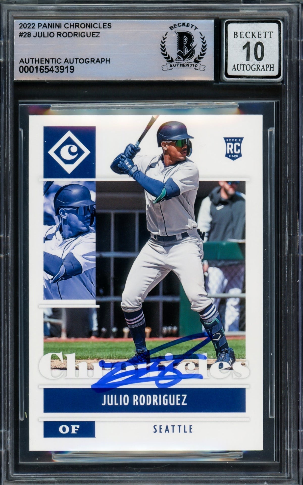 Julio Rodriguez Autographed 2022 Panini Chronicles Rookie Card #28 Seattle Mariners Auto Grade Gem Mint 10 Beckett Bas #16543919