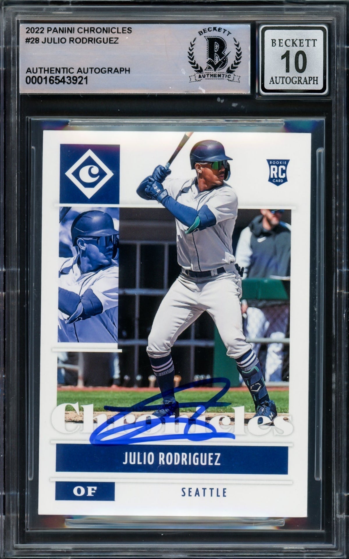Julio Rodriguez Autographed 2022 Panini Chronicles Rookie Card #28 Seattle Mariners Auto Grade Gem Mint 10 Beckett Bas #16543921