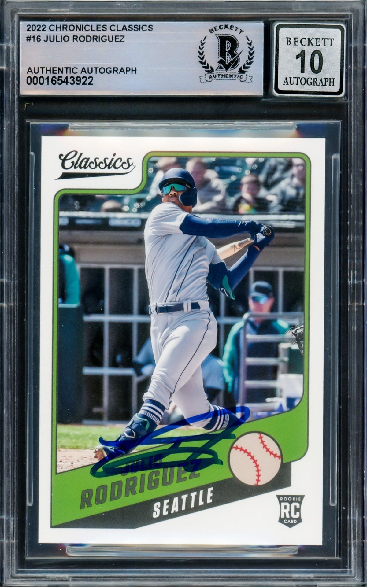 Julio Rodriguez Autographed 2022 Panini Chronicles Classics Rookie Card #16 Seattle Mariners Auto Grade Gem Mint 10 Beckett Bas #16543922