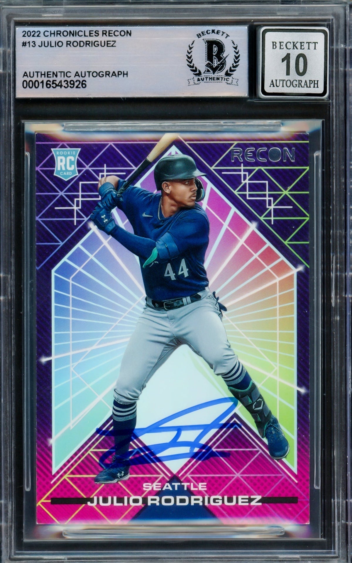 Julio Rodriguez Autographed 2022 Panini Chronicles Recon Rookie Card #13 Seattle Mariners Auto Grade Gem Mint 10 Beckett Bas #16543926