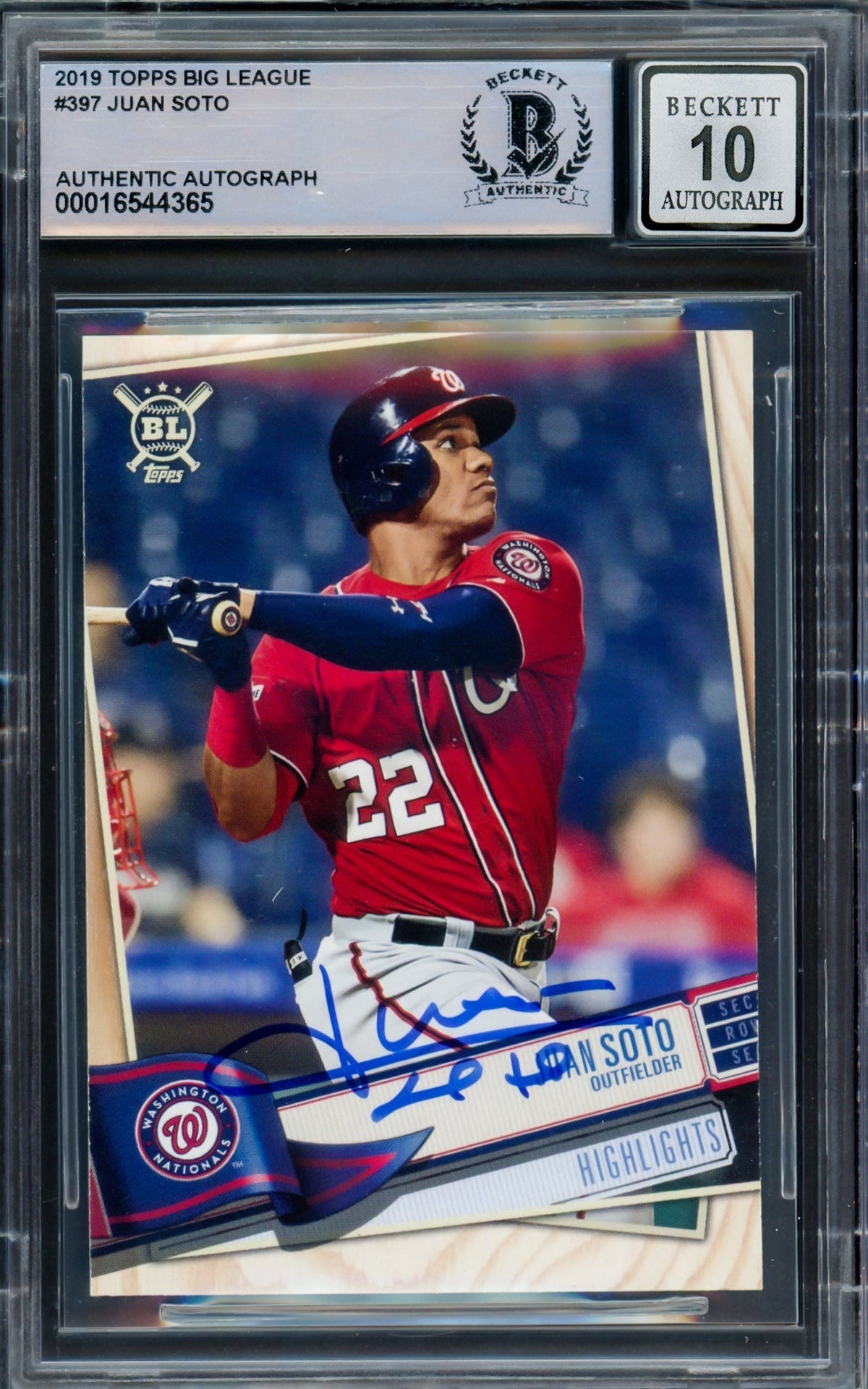 Juan Soto Autographed 2019 Topps Big League Card #397 New York Yankees Auto Grade Gem Mint 10 Beckett Bas #16544365