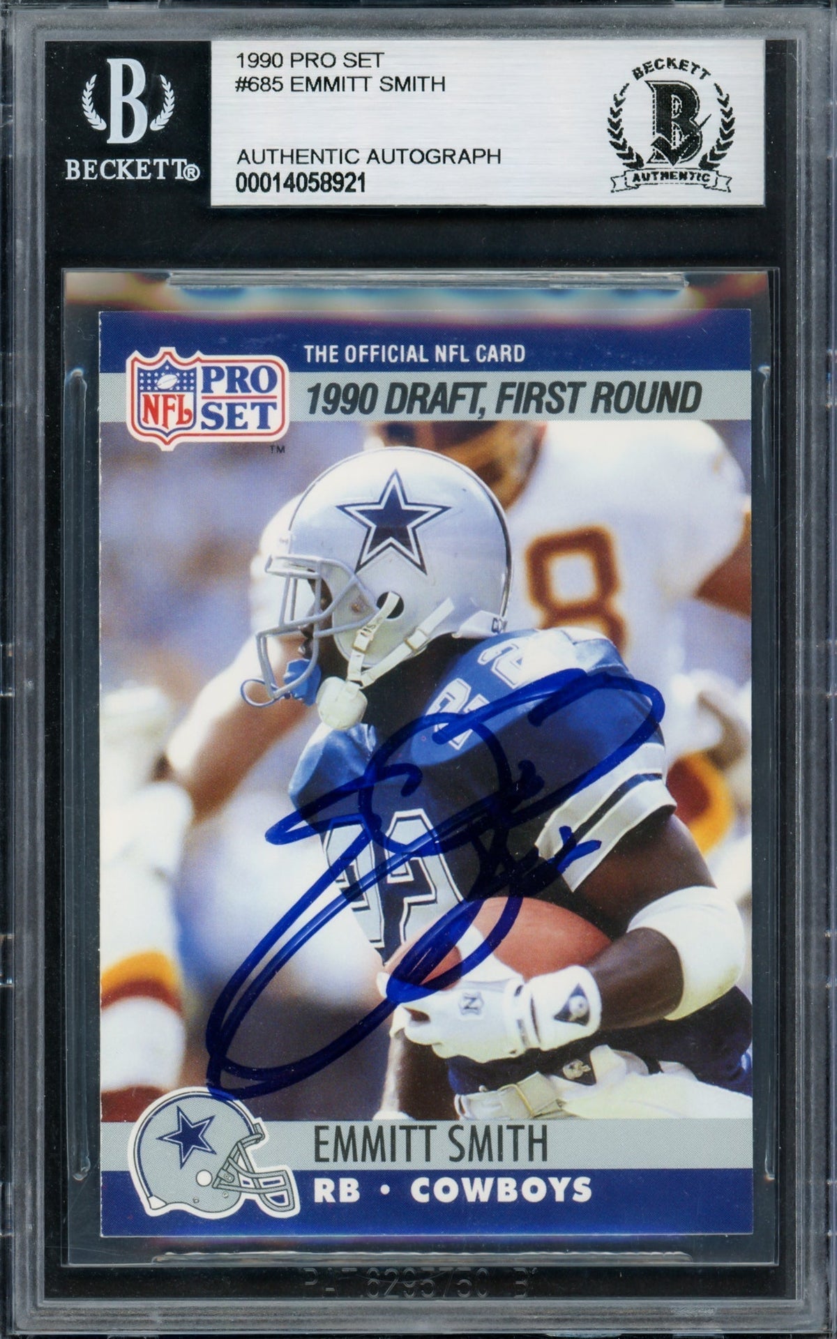 Emmitt Smith Autographed 1990 Pro Set Rookie Card #685 Dallas Cowboys Beckett Bas #14058921
