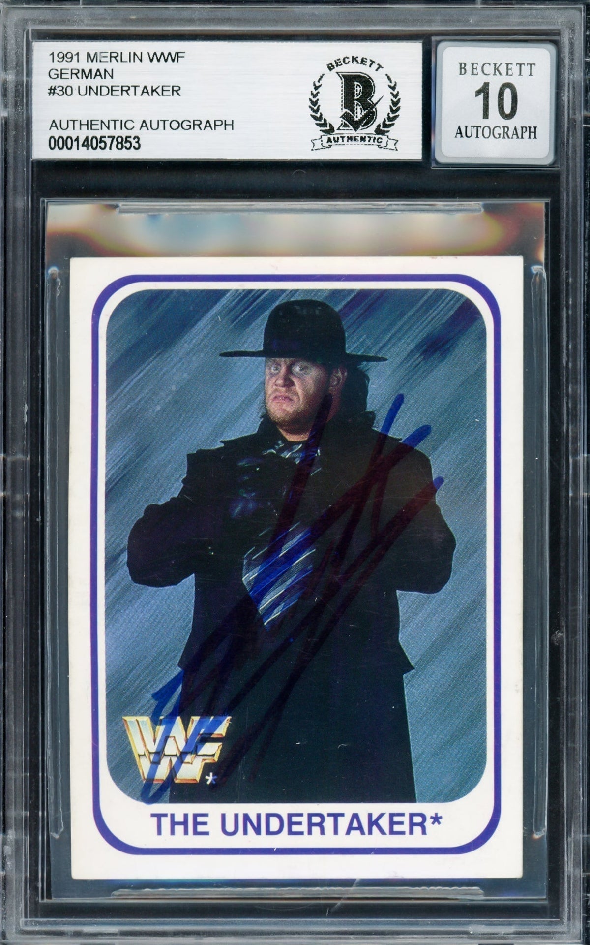 Undertaker Autographed 1991 Merlin Wwf German Rookie Card #30 Auto Grade Gem Mint 10 Beckett Bas #14057853