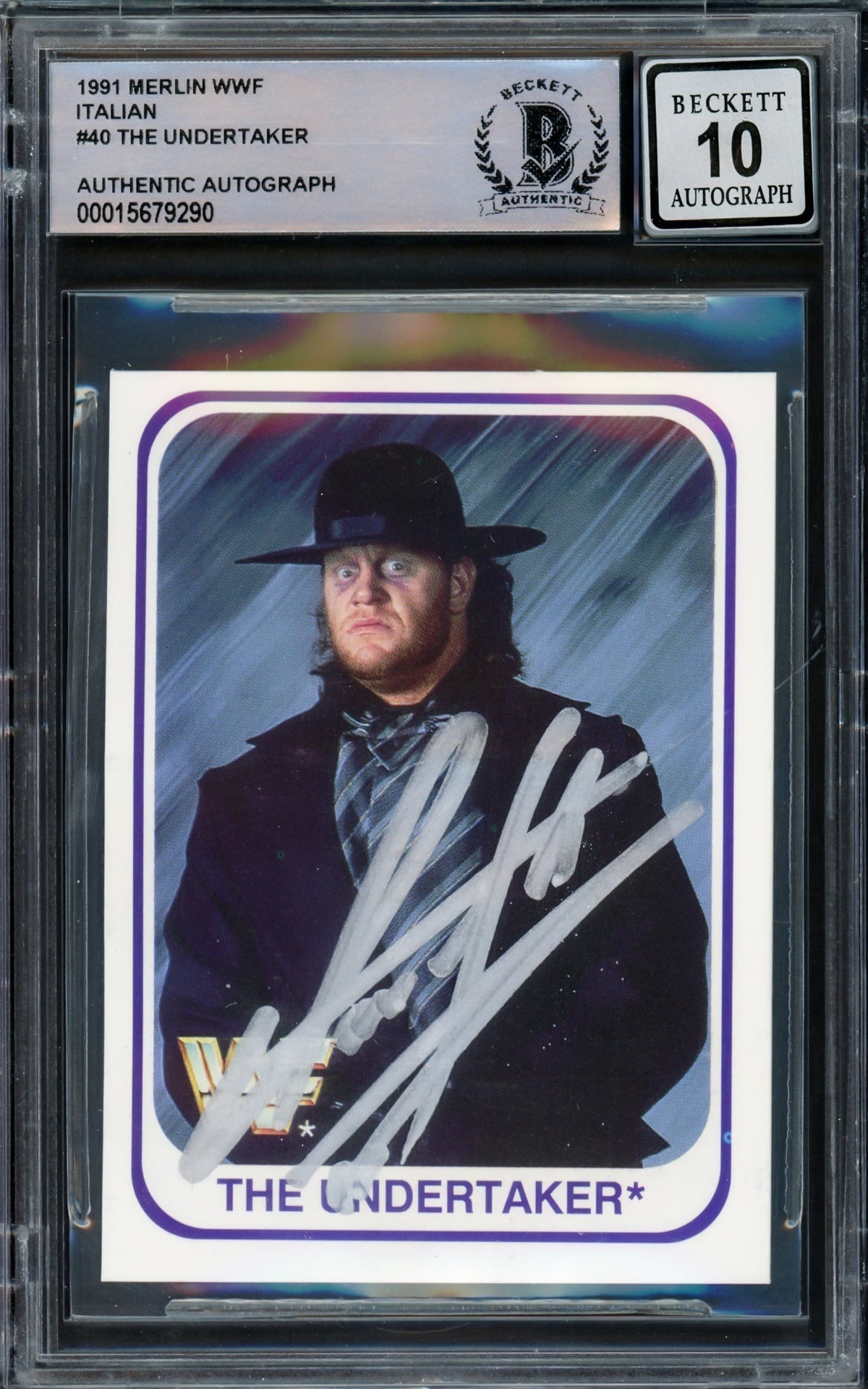 Undertaker Autographed 1991 Merlin Wwf Italian Rookie Card #40 Auto Grade Gem Mint 10 Beckett Bas #15679290