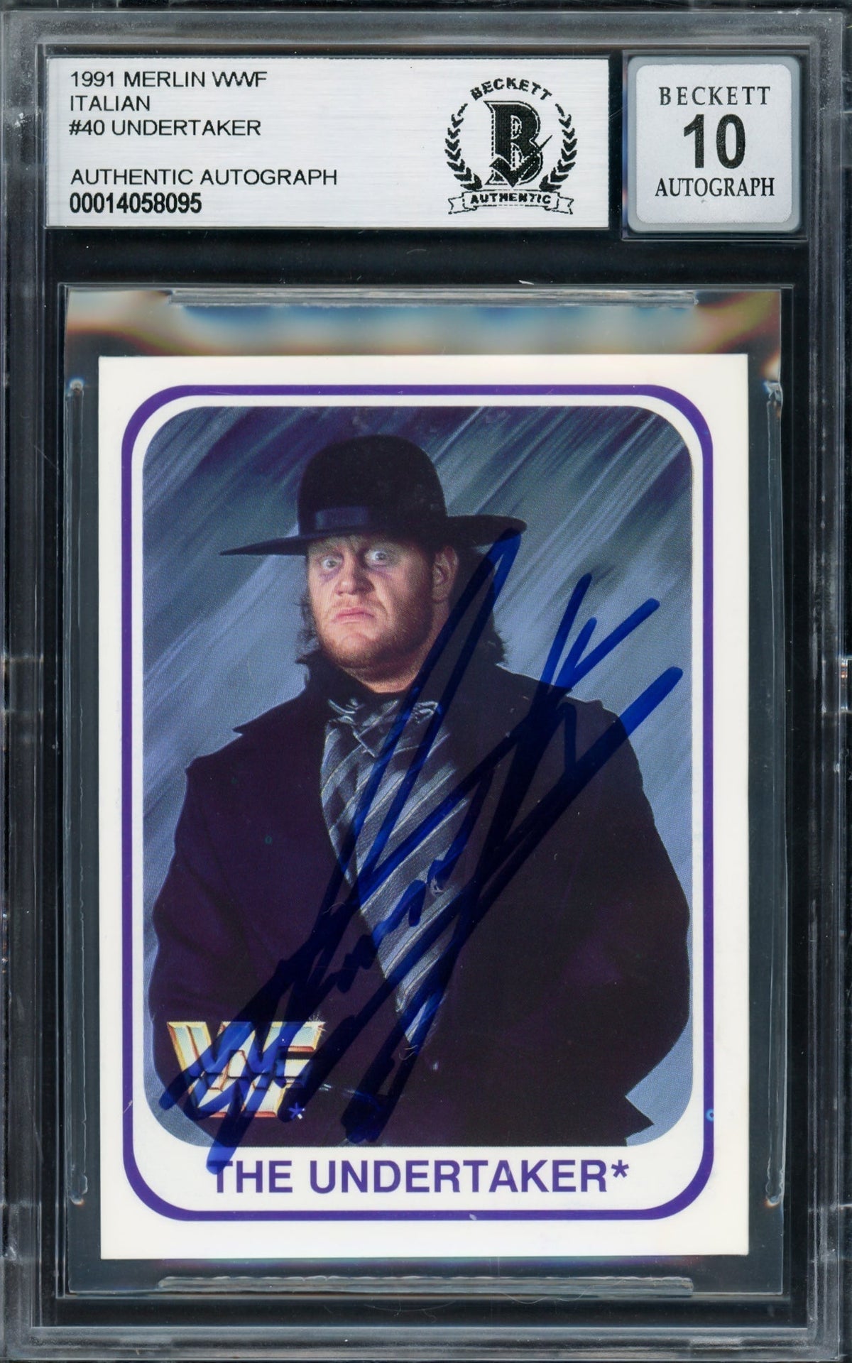 Undertaker Autographed 1991 Merlin Wwf Italian Rookie Card #40 Auto Grade Gem Mint 10 Beckett Bas #14058095