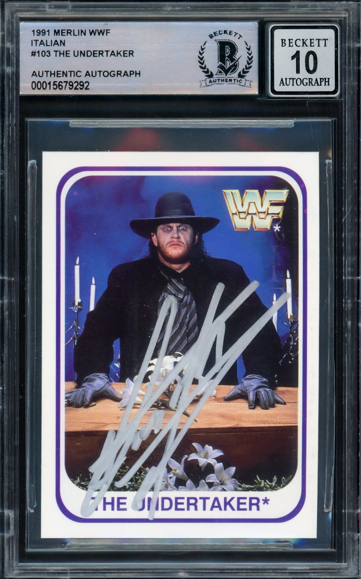 Undertaker Autographed 1991 Merlin Wwf Italian Rookie Card #103 Auto Grade Gem Mint 10 Beckett Bas #15679292