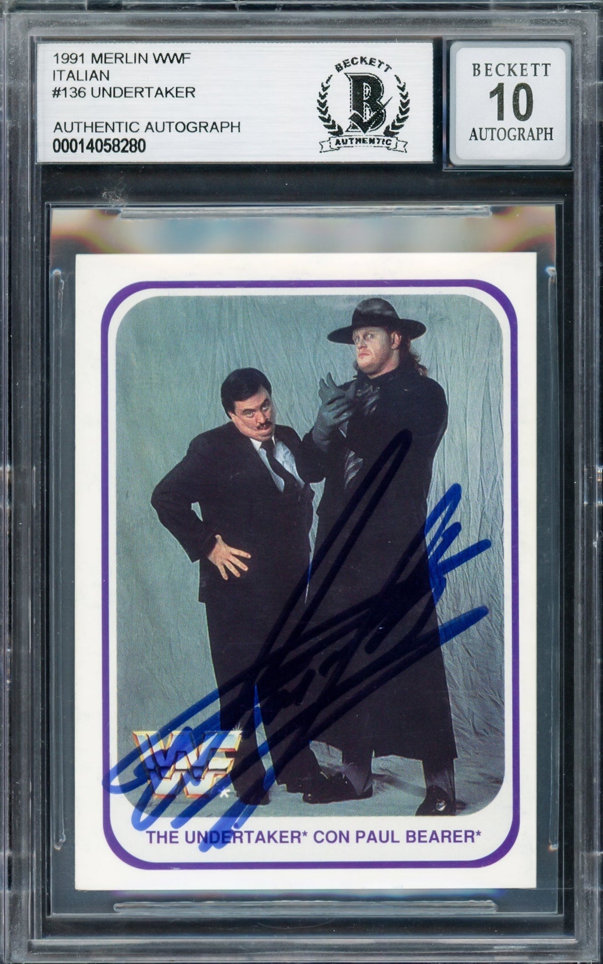 Undertaker Autographed 1991 Merlin Wwf Italian Rookie Card #136 Auto Grade Gem Mint 10 Beckett Bas #14058280