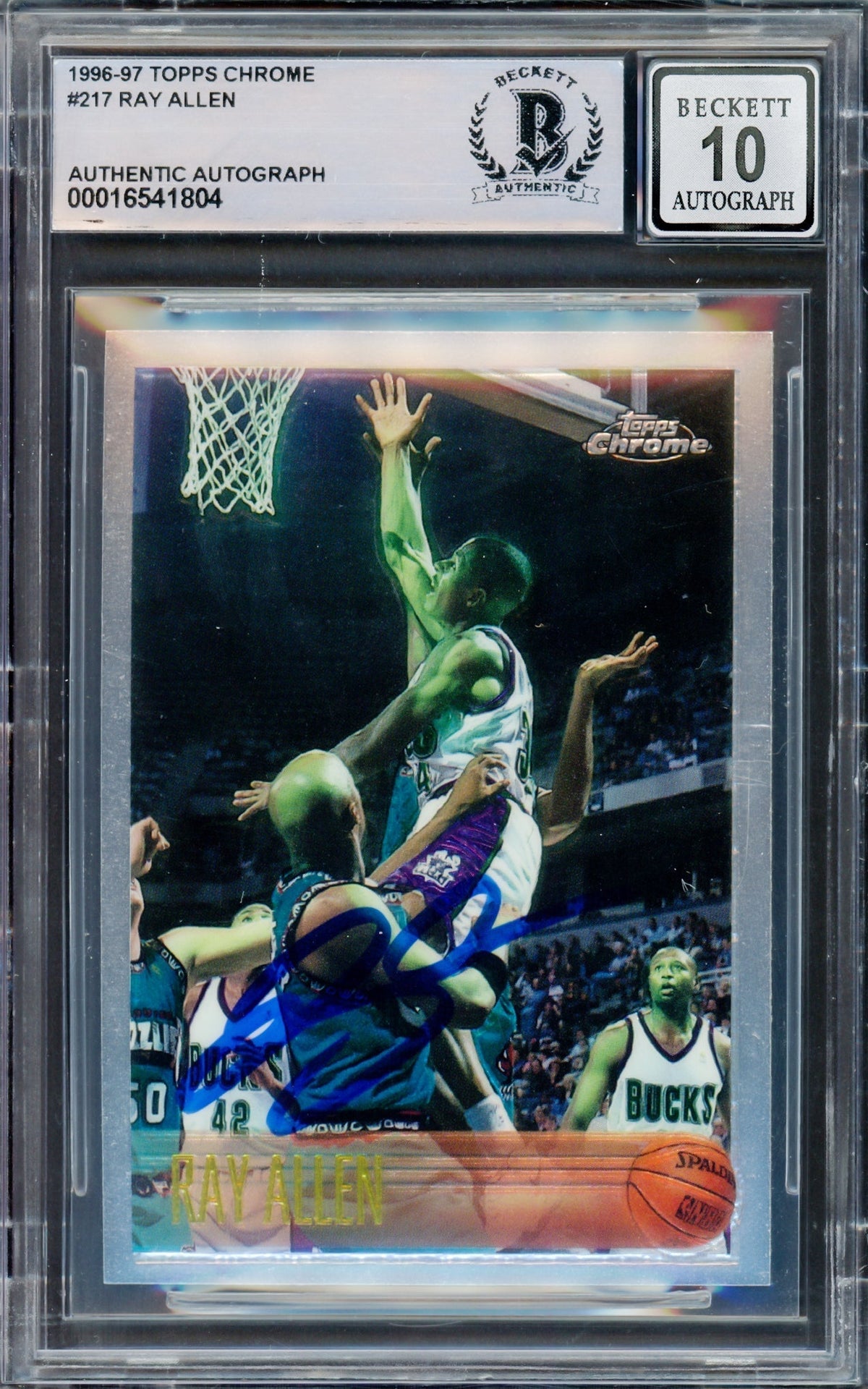 Ray Allen Autographed 1996 Topps Chrome Rookie Card #217 Milwaukee Bucks Auto Grade Gem Mint 10 Beckett Bas #16541804