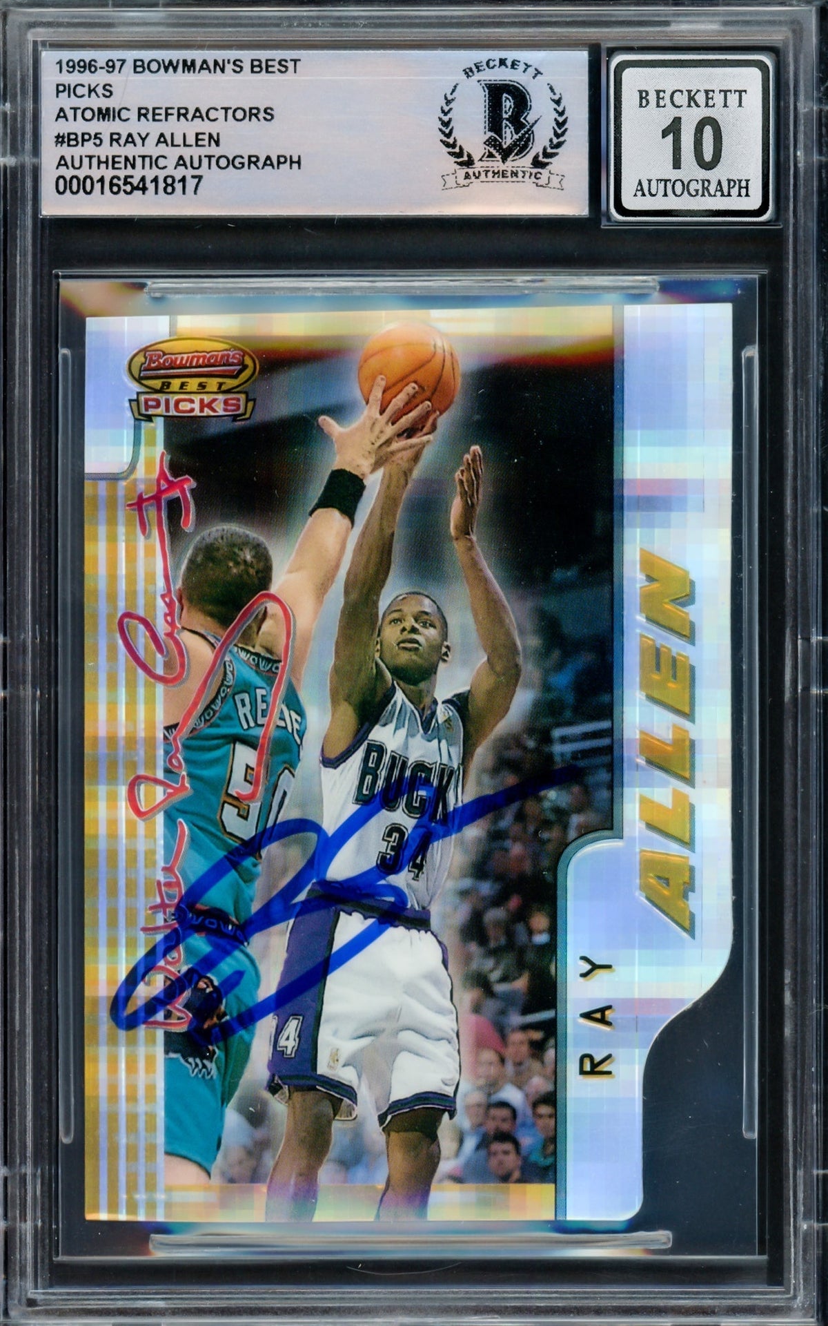 Ray Allen Autographed 1996 Bowman's Best Atomic Refractors Rookie Card #Bp5 Milwaukee Bucks Auto Grade Gem Mint 10 Beckett Bas #16541817