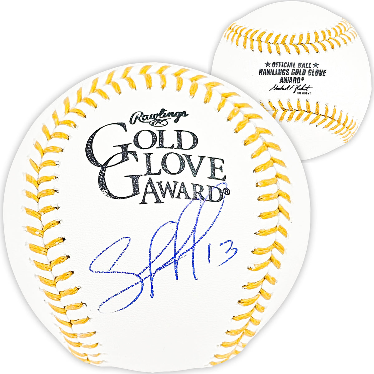 Salvador Perez Autographed Official Gold Glove Logo Baseball Kansas City Royals Beckett Bas Witness Stock #216045