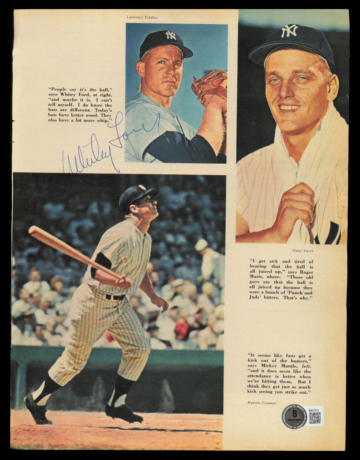 Whitey Ford Autographed 8.5X11.5 Magazine Page Photo New York Yankees Beckett Bas Qr #Bm37272