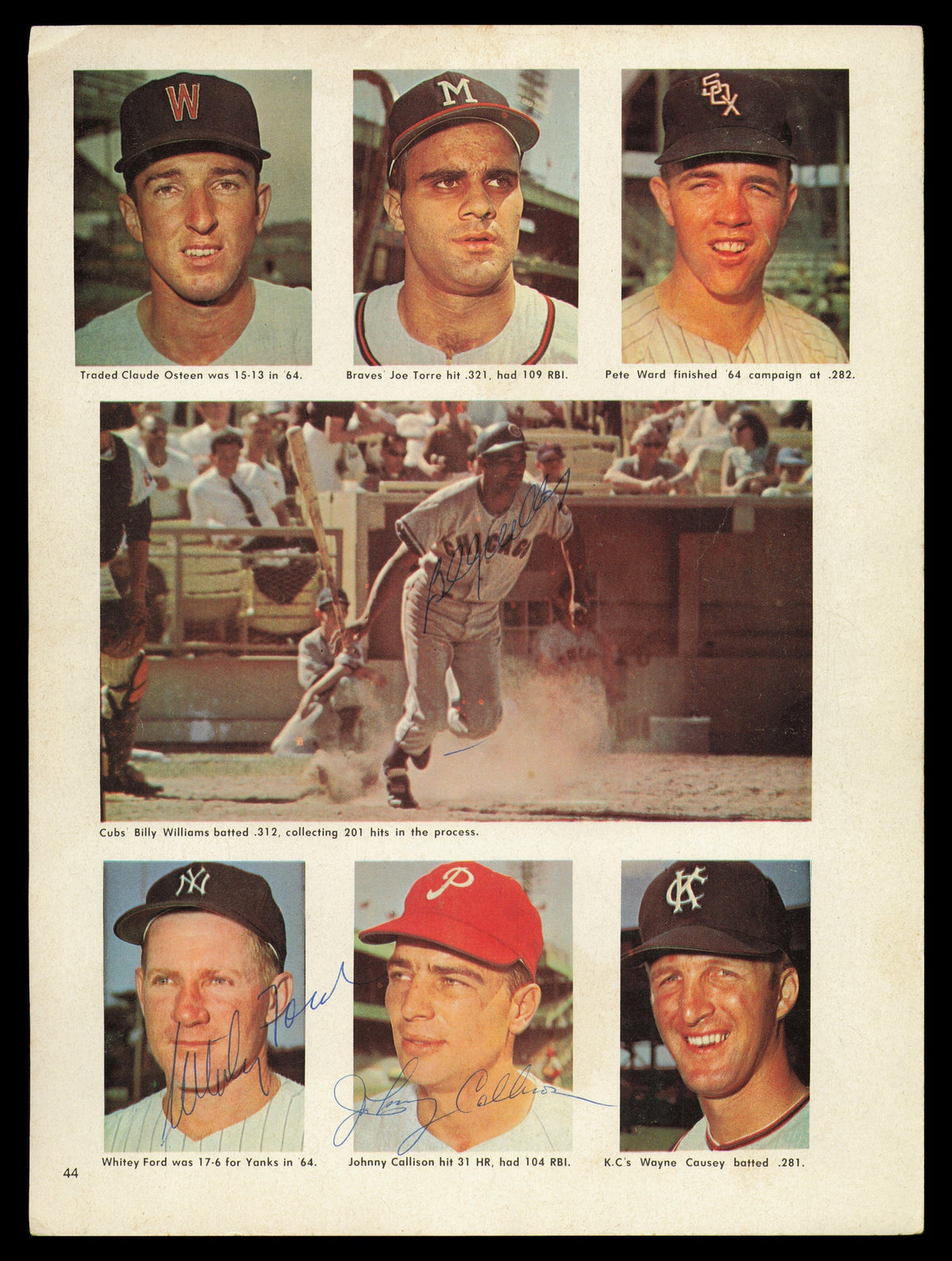 Whitey Ford, Billy Williams & Johnny Callison Autographed 8.5X11 Magazine Page Photo Bob Veale On Back