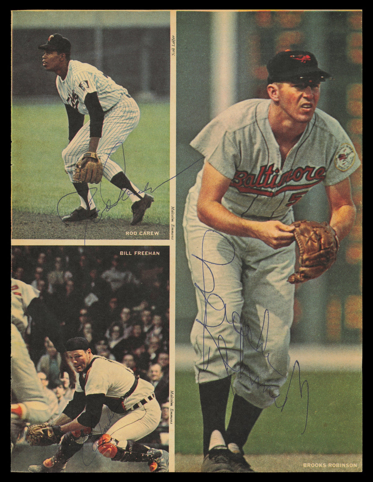 Rod Carew, Brooks Robinson & Bill Freehan Autographed 8.5X11.5 Magazine Page Photo