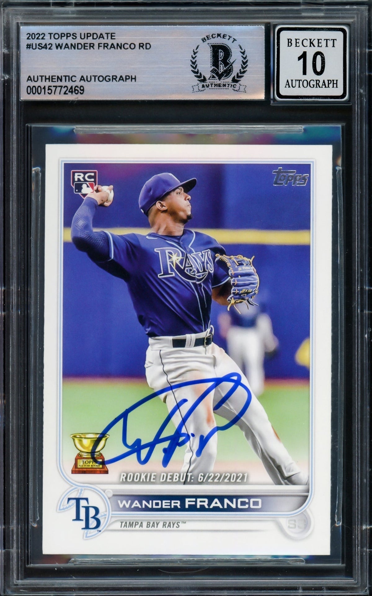 Wander Franco Autographed 2022 Topps Update Rookie Card #Us42 Tampa Bay Rays Auto Grade Gem Mint 10 Beckett Bas Stock #216639