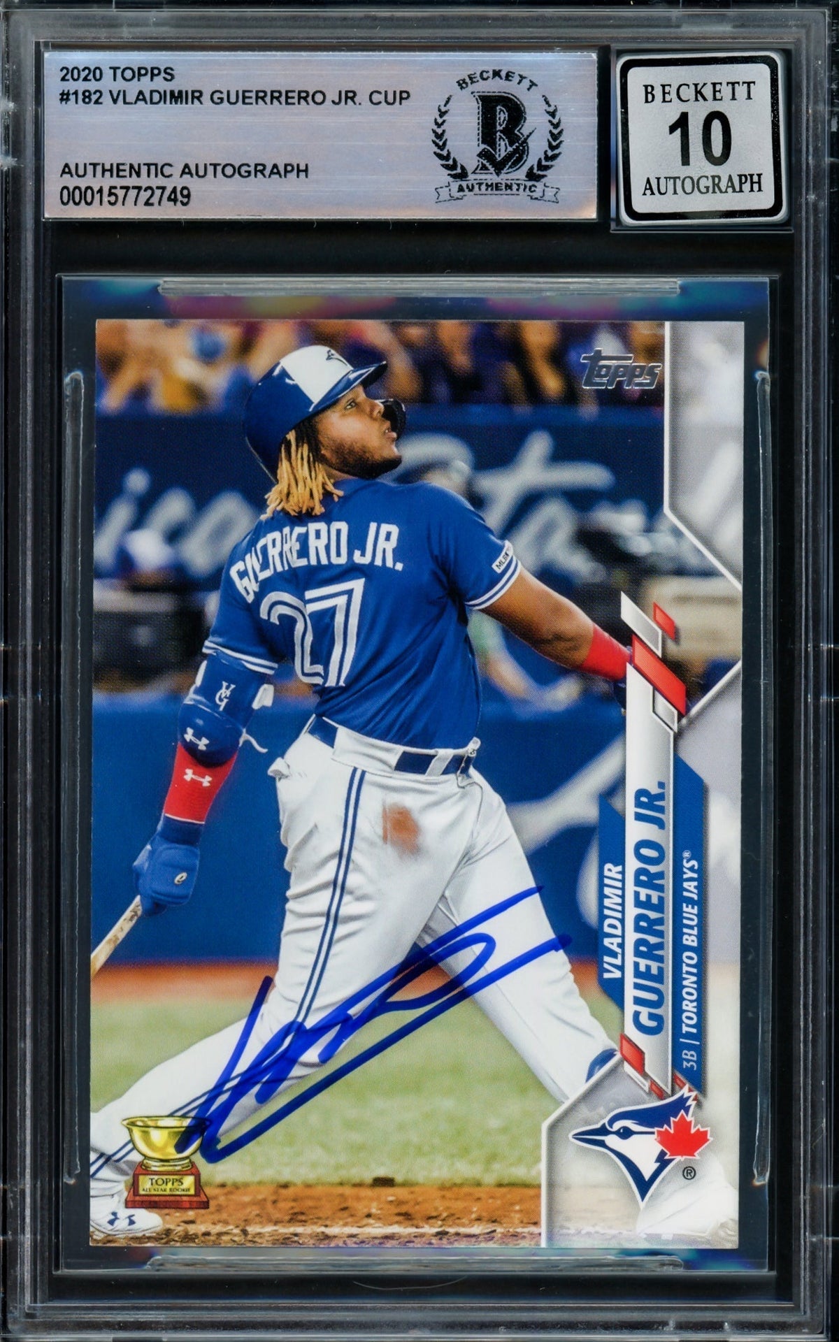 Vladimir Guerrero Jr. Autographed 2020 Topps Card #182 Toronto Blue Jays Auto Grade Gem Mint 10 Beckett Bas Stock #216645