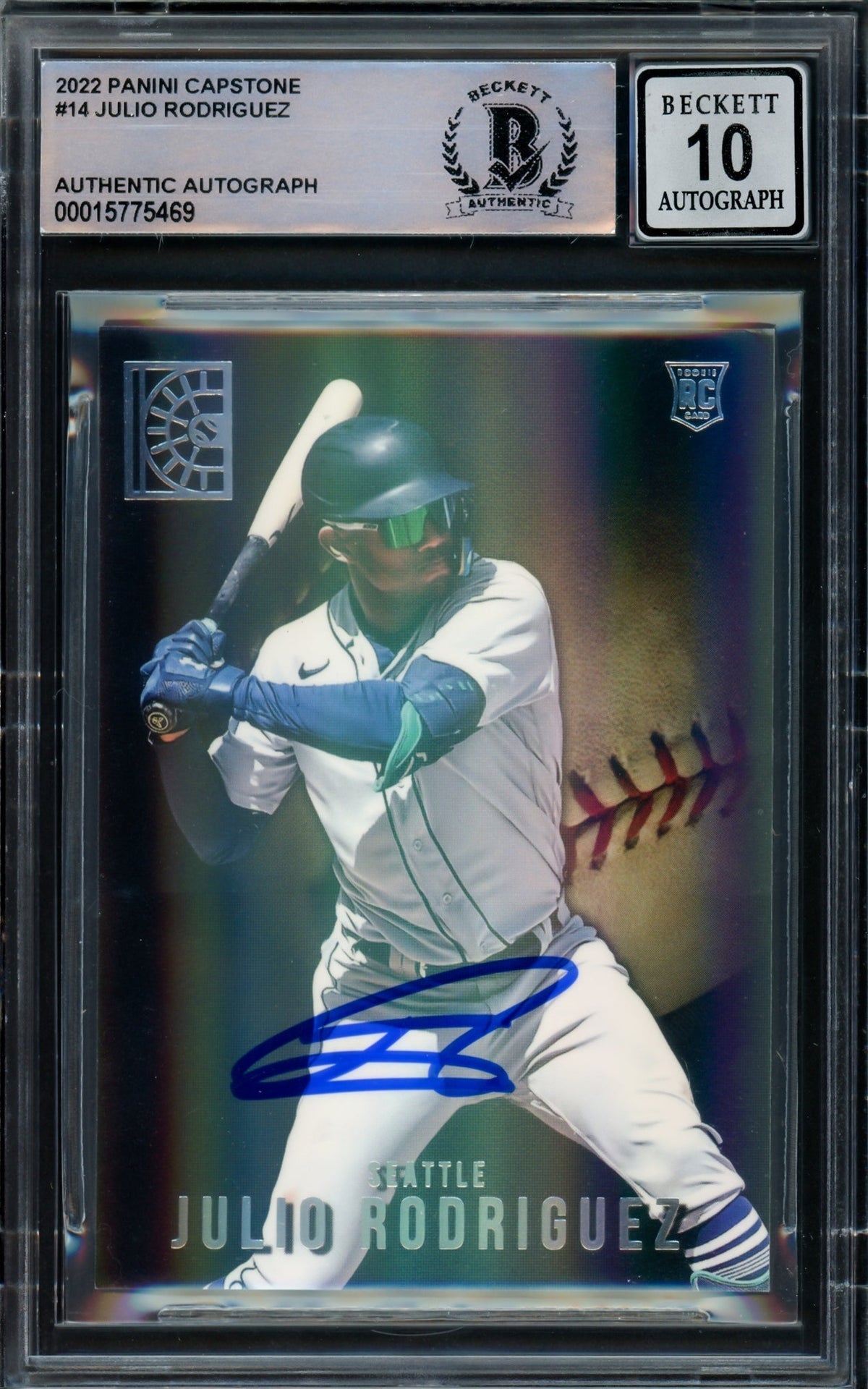 Julio Rodriguez Autographed 2022 Panini Capstone Rookie Card #14 Seattle Mariners Auto Grade Gem Mint 10 Beckett Bas Stock #216653