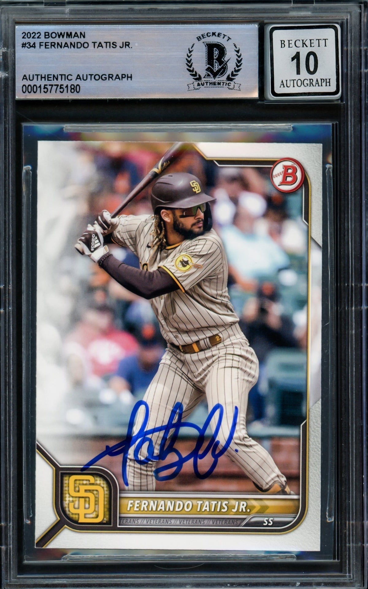 Fernando Tatis Jr. Autographed 2022 Bowman Card #34 San Diego Padres Auto Grade Gem Mint 10 Beckett Bas Stock #216678