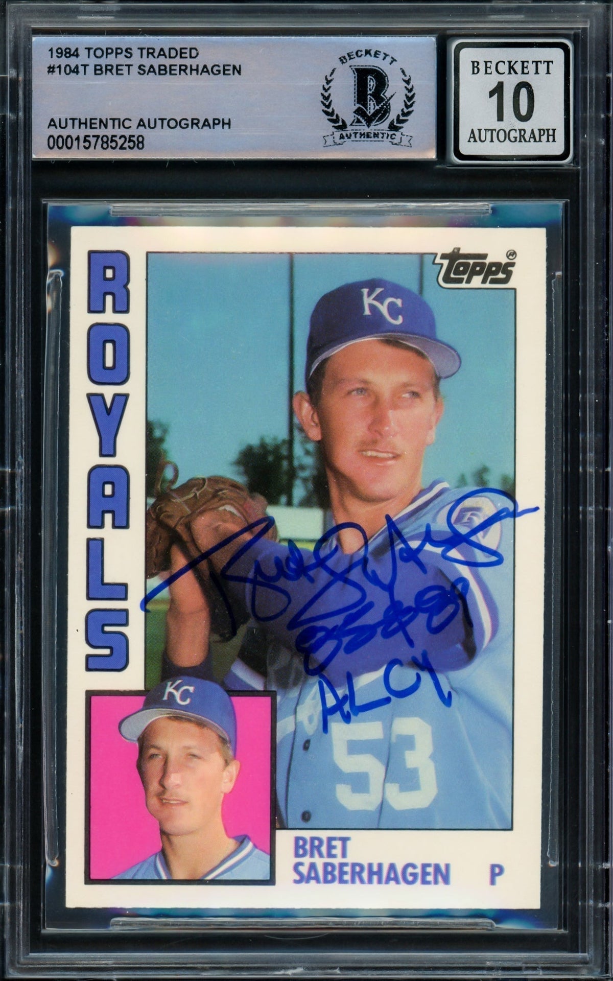Bret Saberhagen Autographed 1984 Topps Traded Rookie Card #104T Kansas City Royals Auto Grade Gem Mint 10 "85 & 89 Al Cy" Beckett Bas Stock #216708
