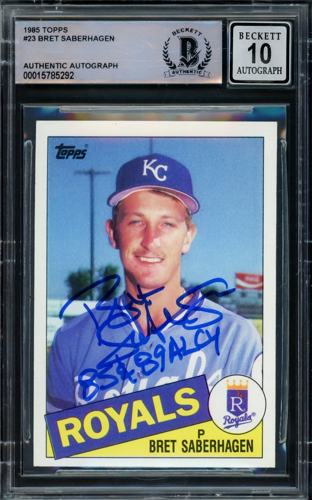 Bret Saberhagen Autographed 1985 Topps Rookie Card #23 Kansas City Royals Auto Grade Gem Mint 10 "85 & 89 Al Cy" Beckett Bas Stock #216709