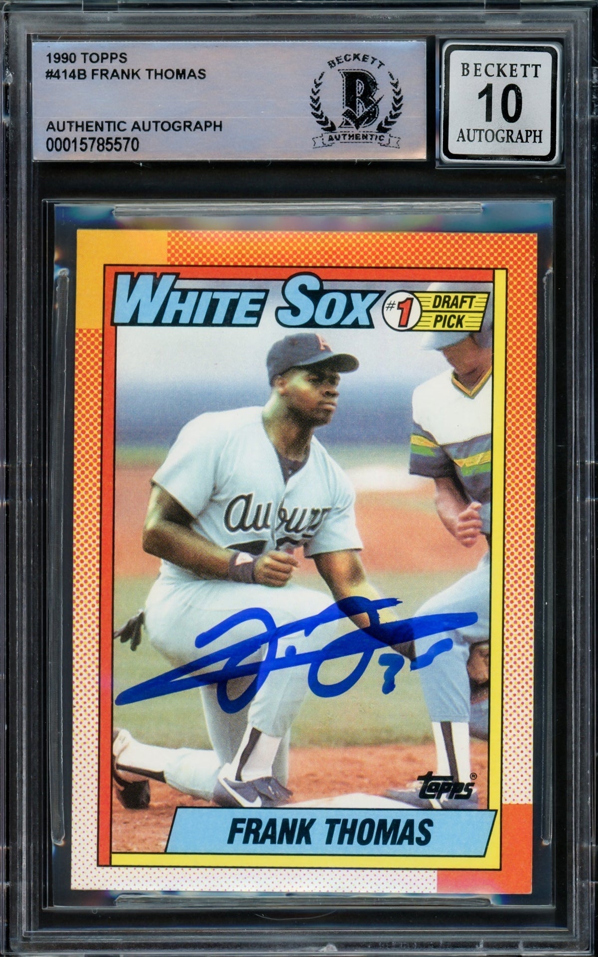 Frank Thomas Autographed 1990 Topps Rookie Card #414 Chicago White Sox Auto Grade Gem Mint 10 Beckett Bas Stock #211362