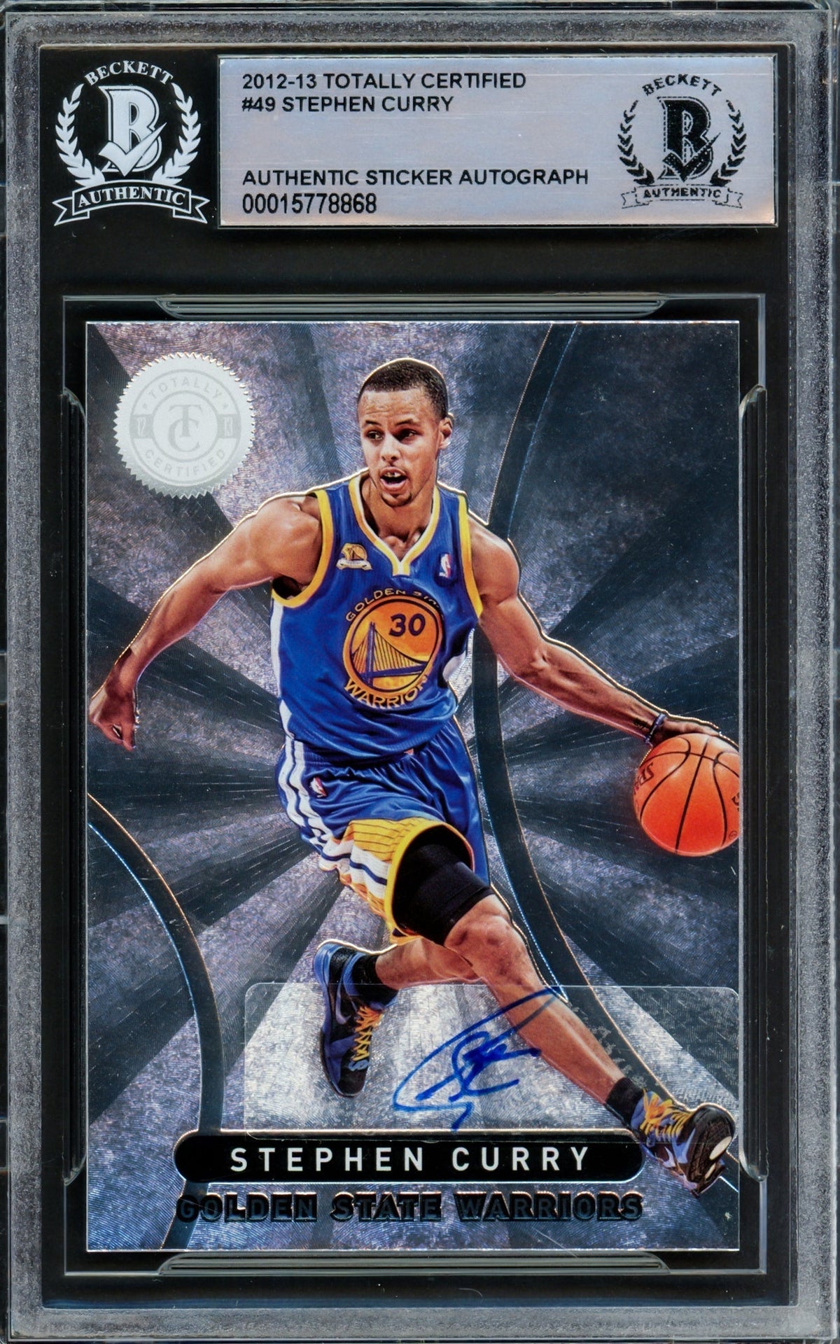 Stephen Curry Autographed 2012-13 Panini Totally Certified Card #49 Golden State Warriors Beckett Bas Stock #216837