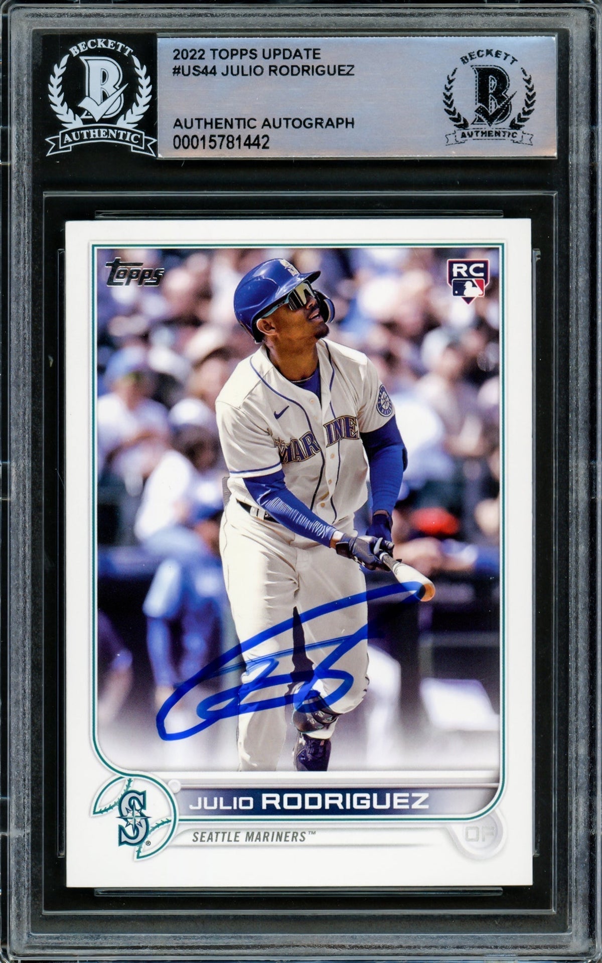 Julio Rodriguez Autographed 2022 Topps Update Rookie Card #Us44 Seattle Mariners Beckett Bas Stock #216867