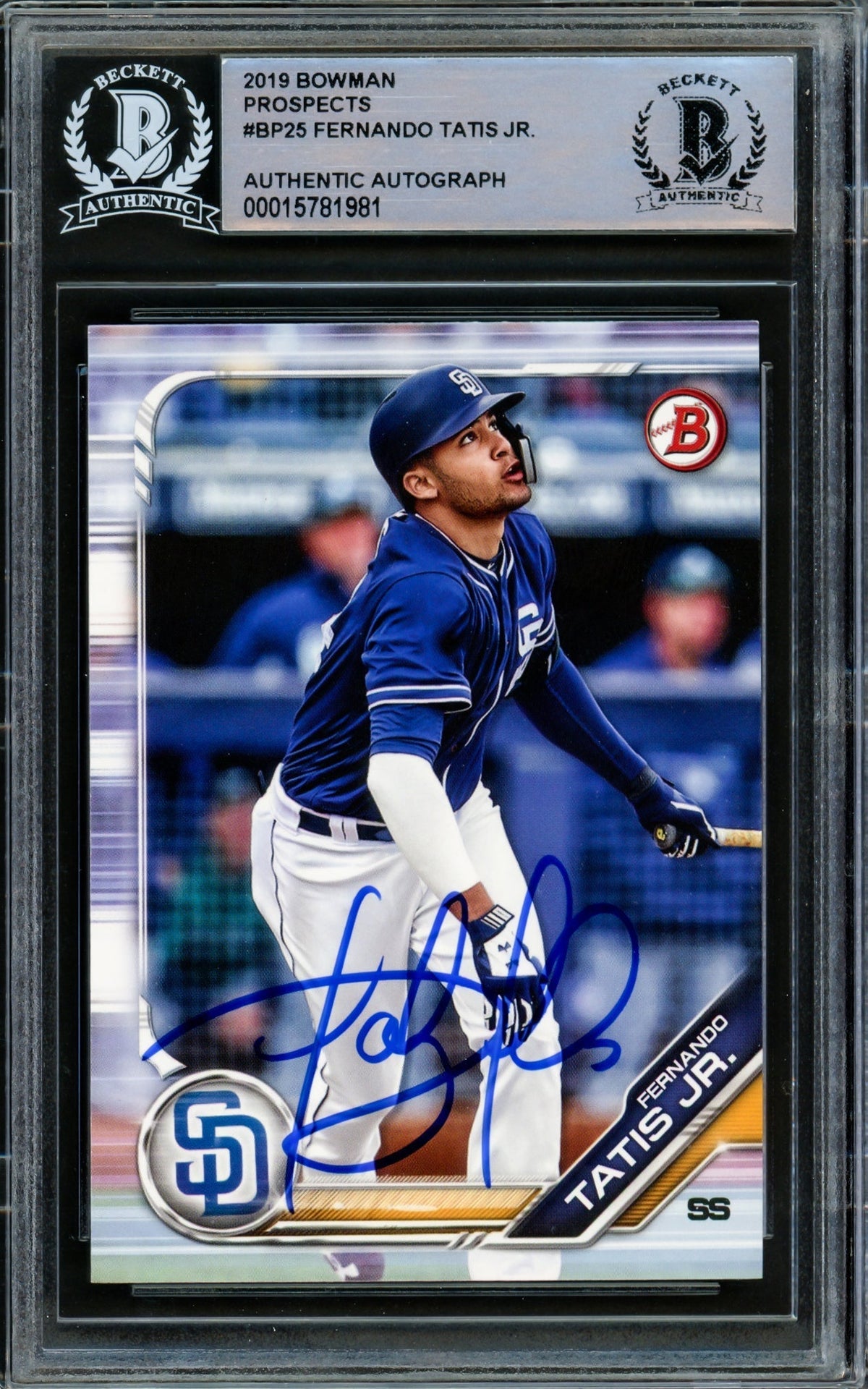 Fernando Tatis Jr. Autographed 2019 Bowman Prospects Card #Bp25 San Diego Padres Beckett Bas Stock #216873