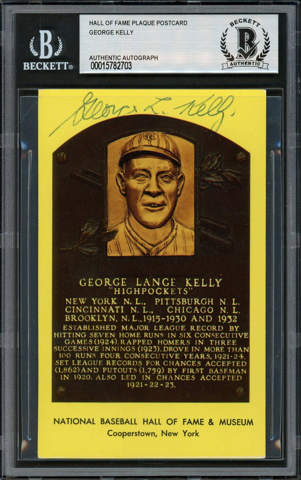 George Kelly Autographed Hall Of Fame Hof Plaque Postcard New York Giants Beckett Bas Stock #216883